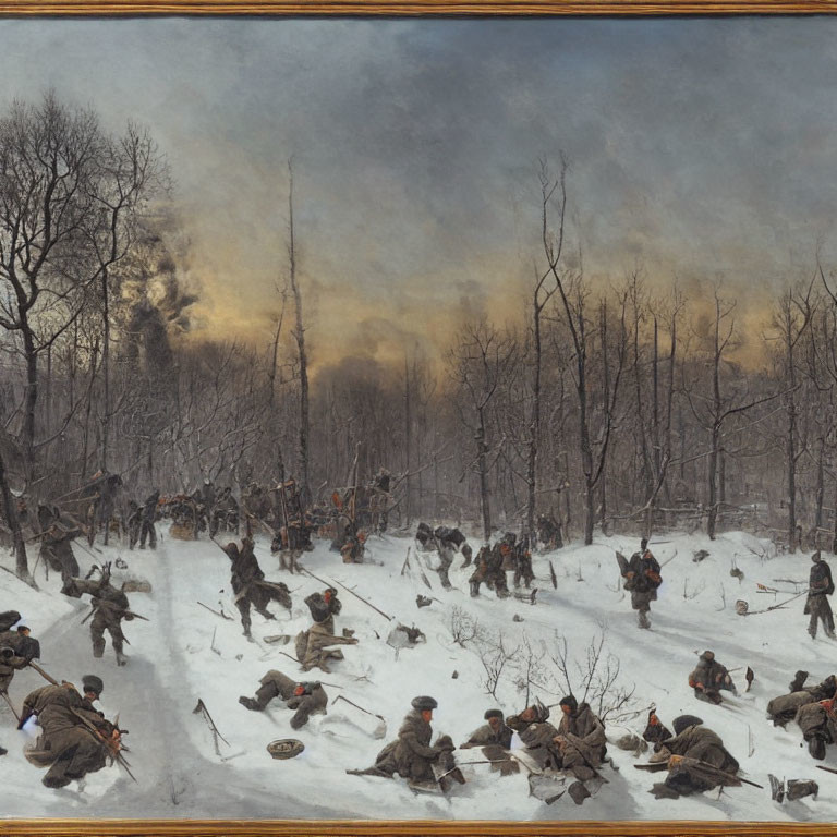 Historical wintry battle scene with soldiers in snow and bare trees