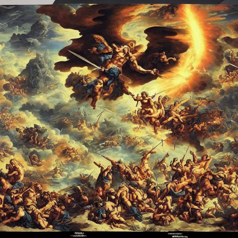 Angels and demons clash in dramatic battle scene above chaotic battlefield