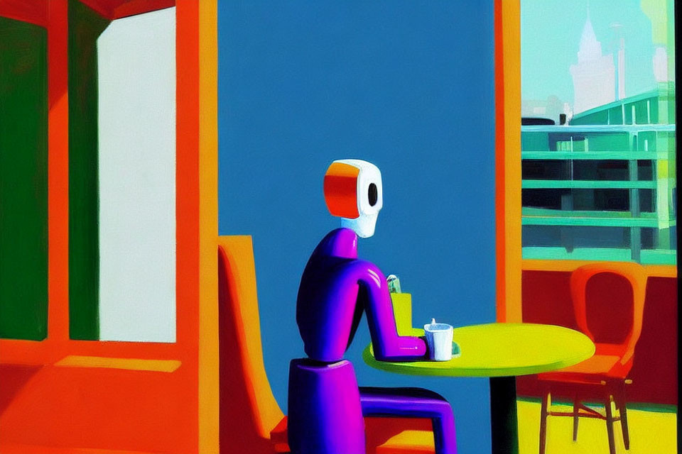 Colorful Room with White Head Figure at Yellow Table