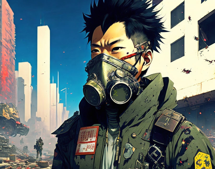 Spiky-Haired Character in Gas Mask Amidst Chaotic Futuristic Cityscape