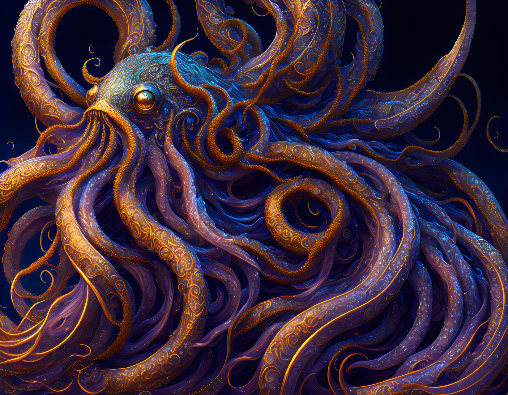 Detailed Octopus Illustration with Intricate Patterns on Dark Blue Background