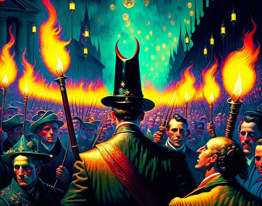 Night Parade Illustration: Torch-Bearing Figures, Top Hat Leader, Flaming Crown