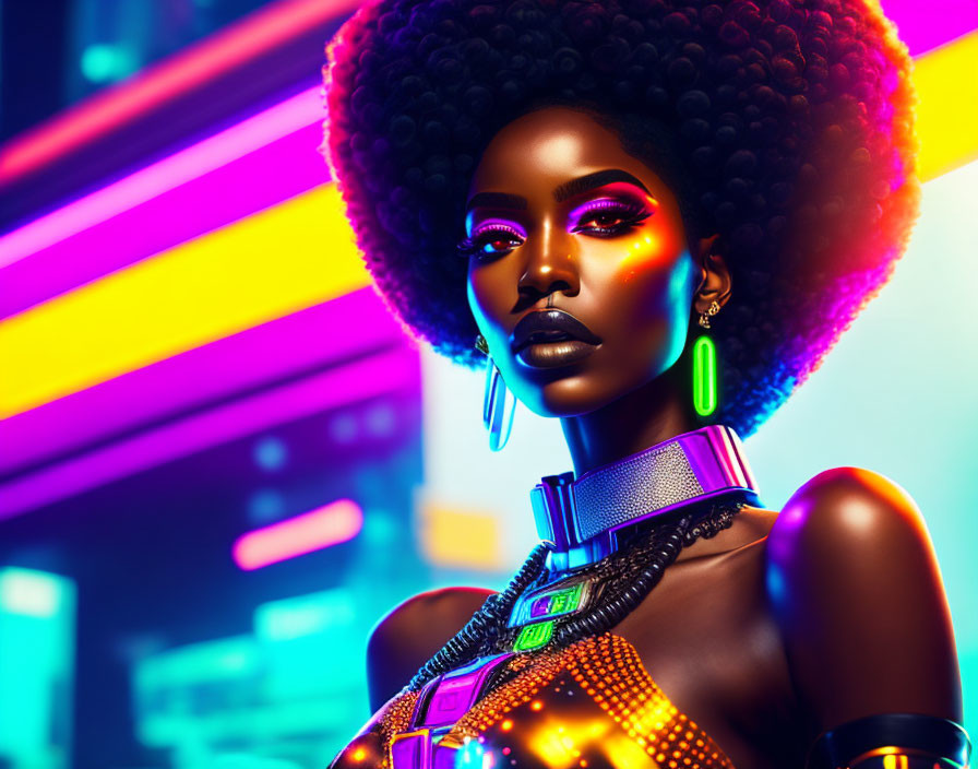 Prominent Afro Woman with Striking Makeup in Futuristic Setting