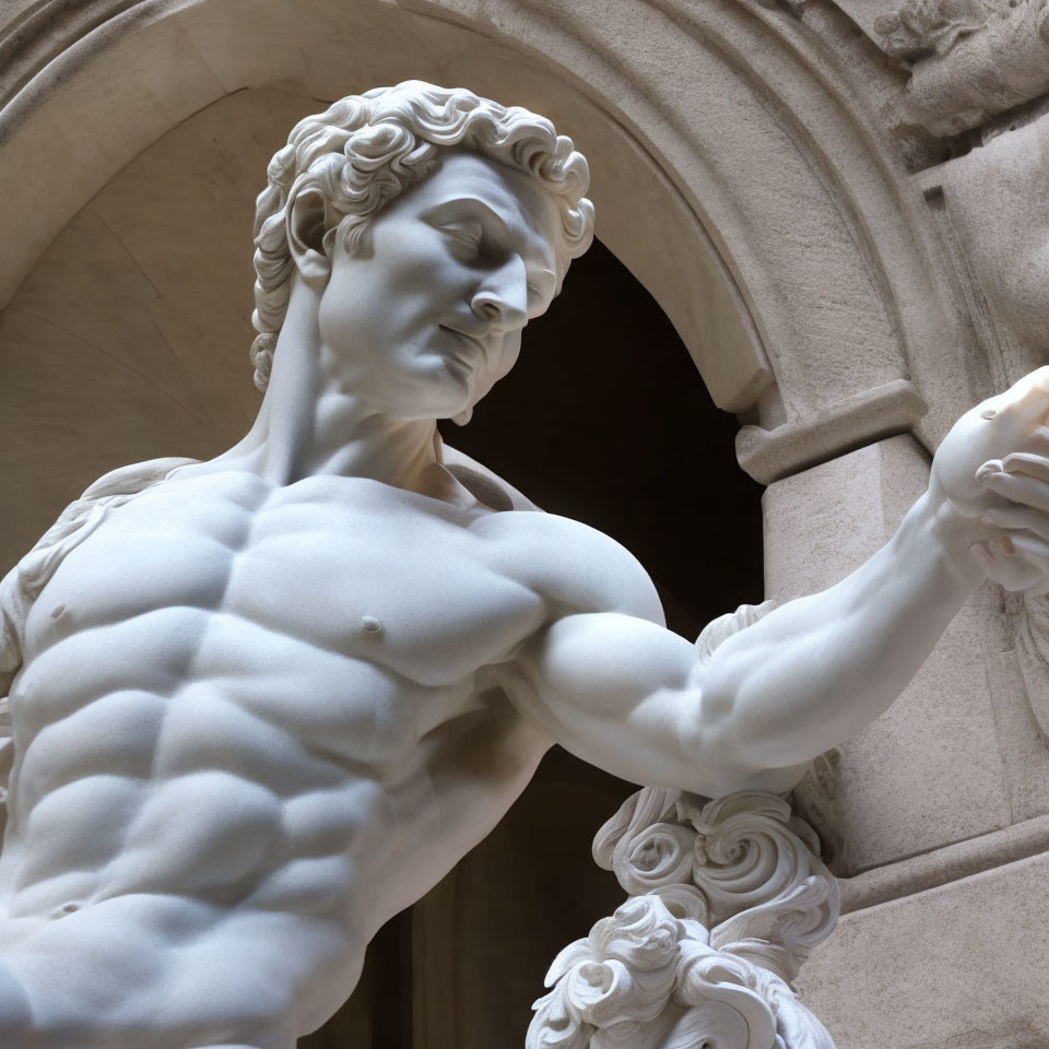 Marble statue of muscular male figure with curly hair in arched stone background