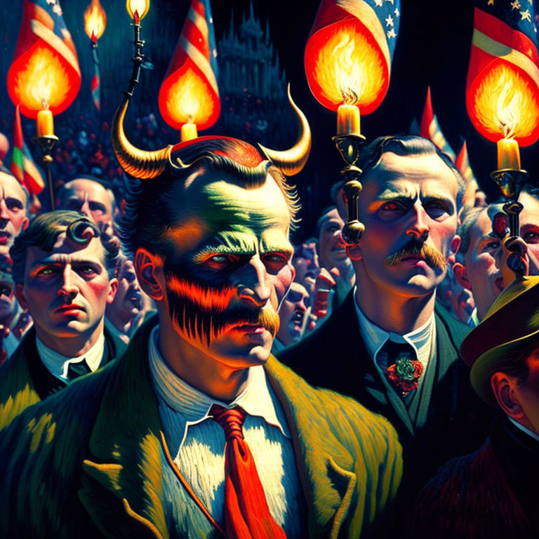 Crowd scene with sinister demon-like figure, torches, and American flags