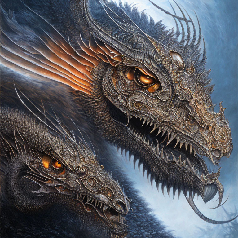 Detailed Dragons with Glowing Orange Eyes on Blue Background