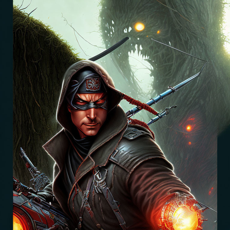 Hooded archer with glowing red eye vs. monstrous creature in dark forest