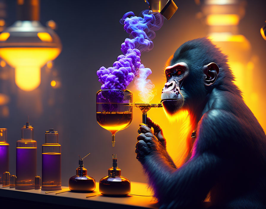 Stylized monkey with purple smoke in laboratory setting