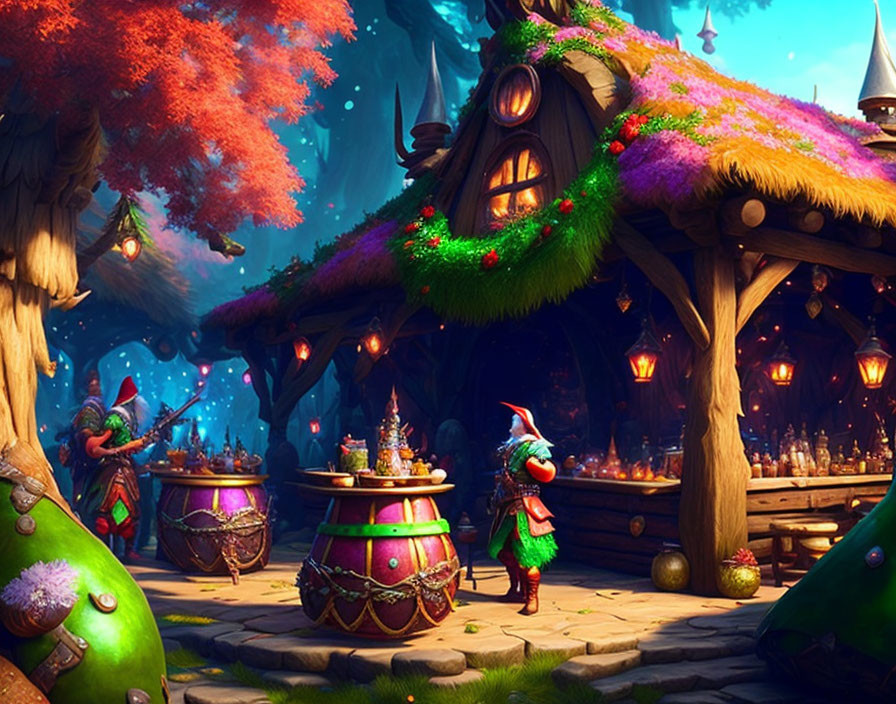 Vibrant fantasy scene with magical houses and whimsical characters