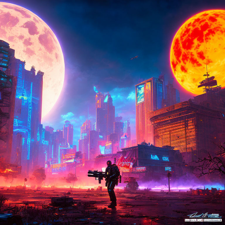 Futuristic Urban Landscape with Neon Colors and Celestial Bodies