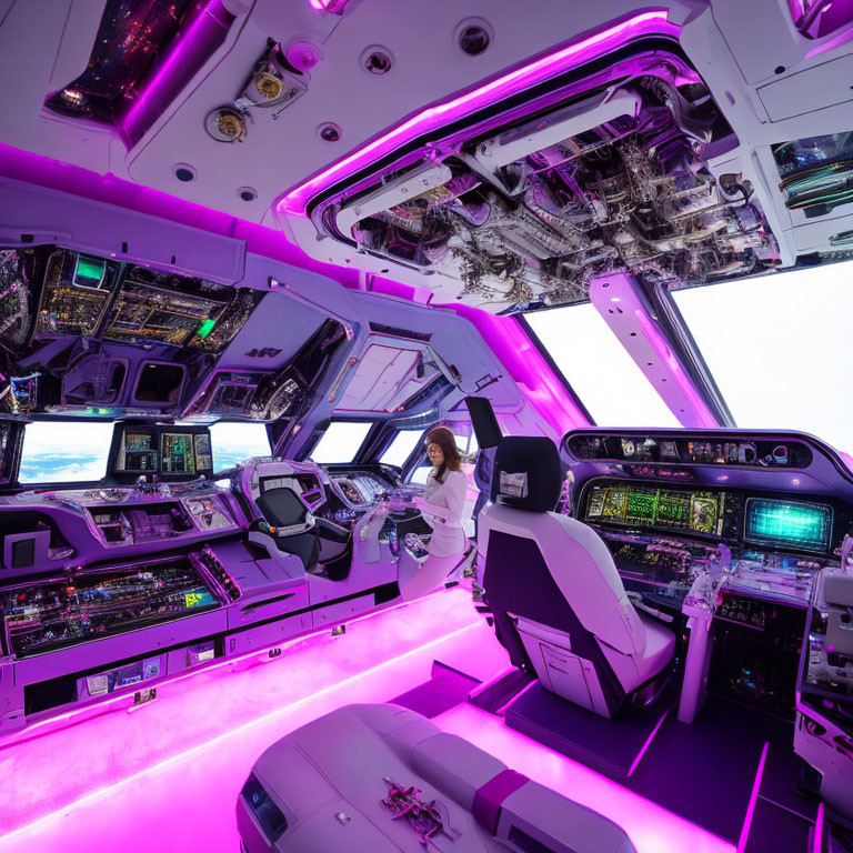 Futuristic spacecraft cockpit with purple ambient lighting and control panels