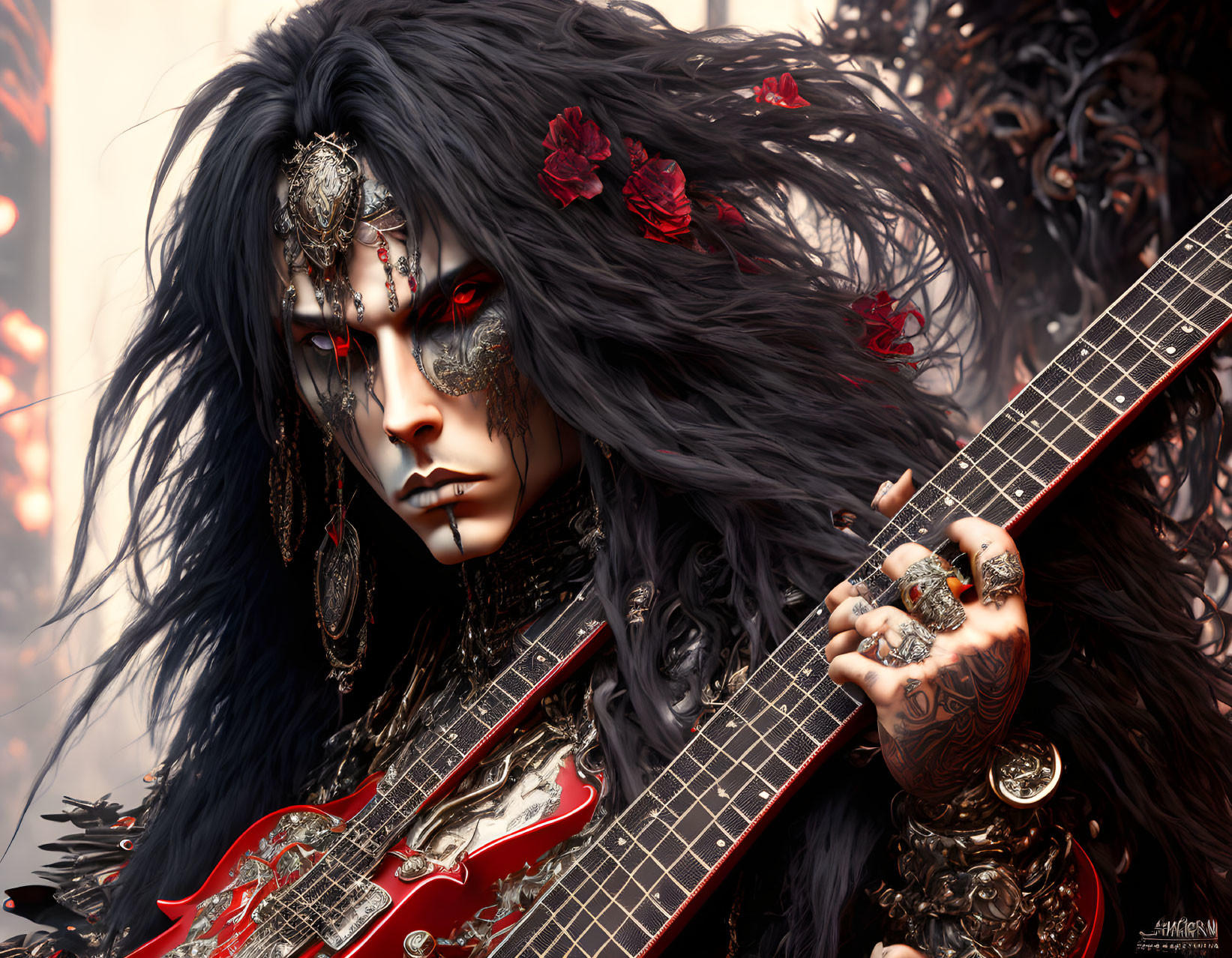 Androgynous figure with elaborate makeup and guitar