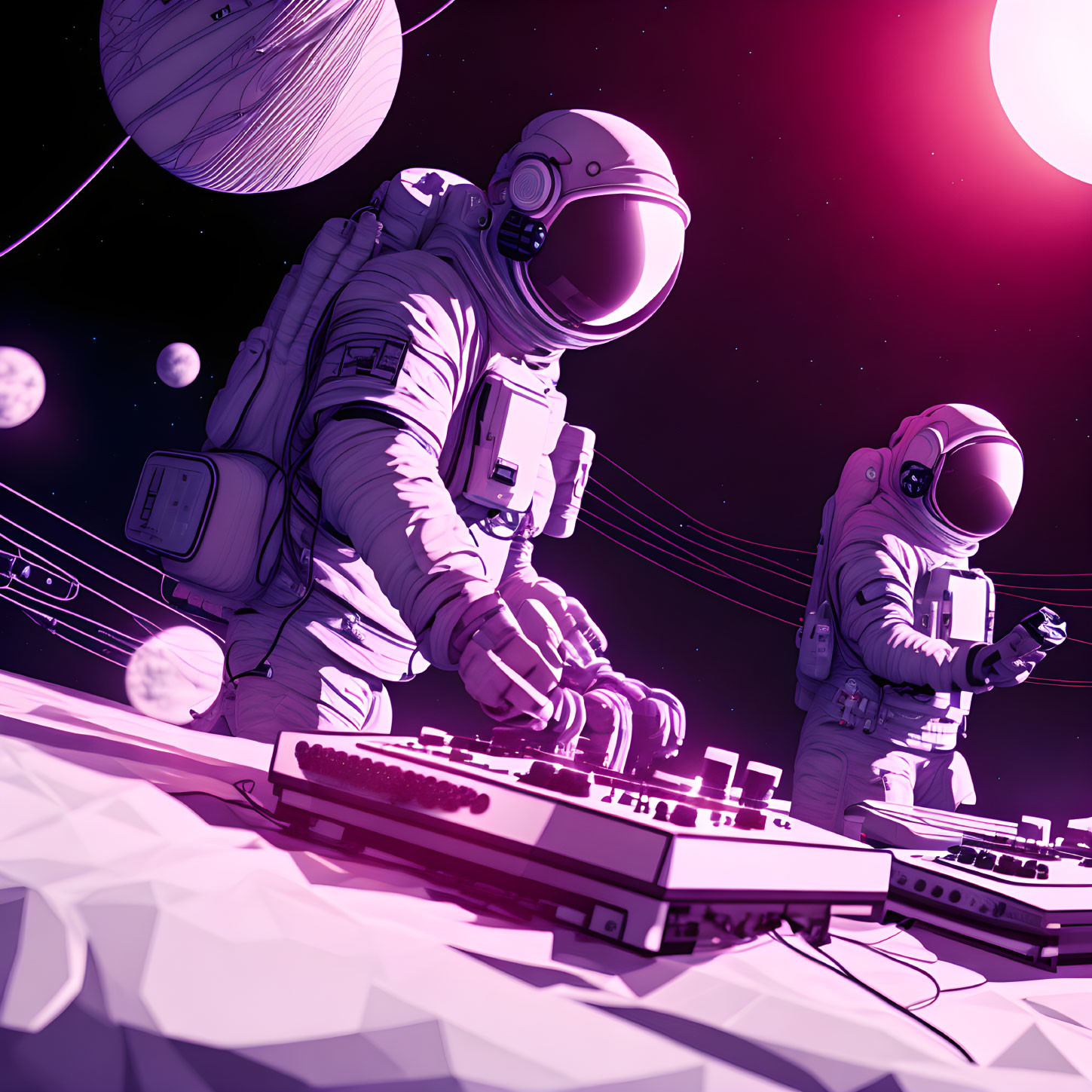 Astronauts DJ with turntables on rocky planet with pink background