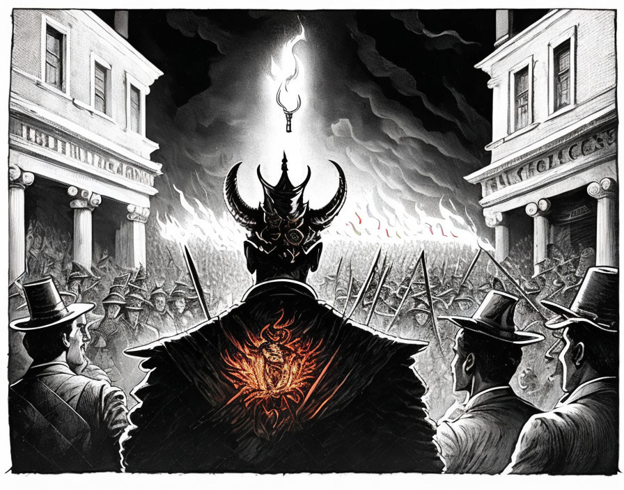 Monochrome illustration of demonic figure with trident in stormy cityscape