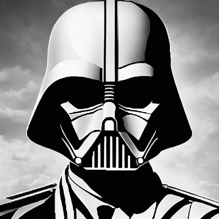 Monochrome Darth Vader helmet and mask on cloudy sky backdrop