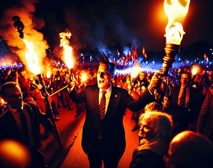 Nighttime torchlight procession with smiling man in suit holding torch