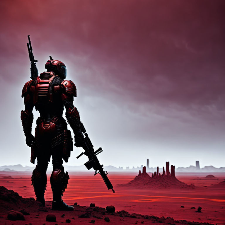 Futuristic soldier in barren red landscape with armor