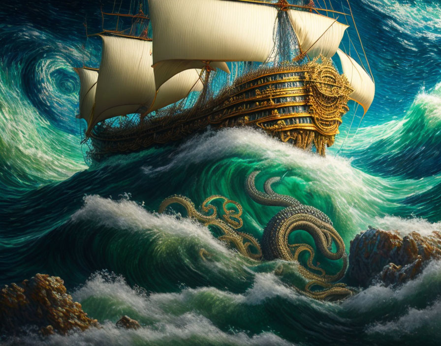 Sailing ship with full sails encounters giant tentacles on turbulent seas