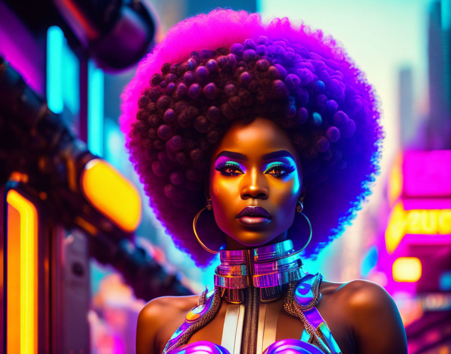 Futuristic woman with afro hairstyle and metallic collar in neon-lit city