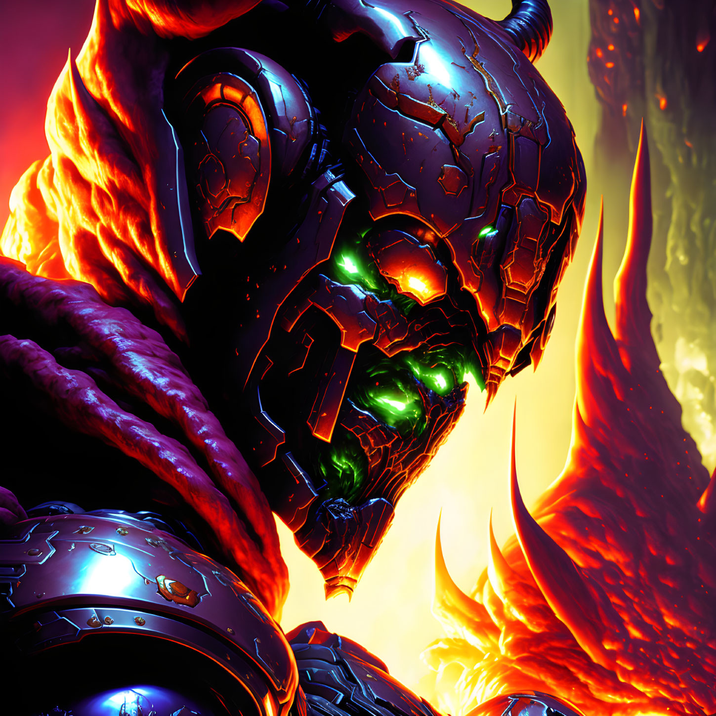 Detailed futuristic armored figure with glowing green eyes in fiery artwork