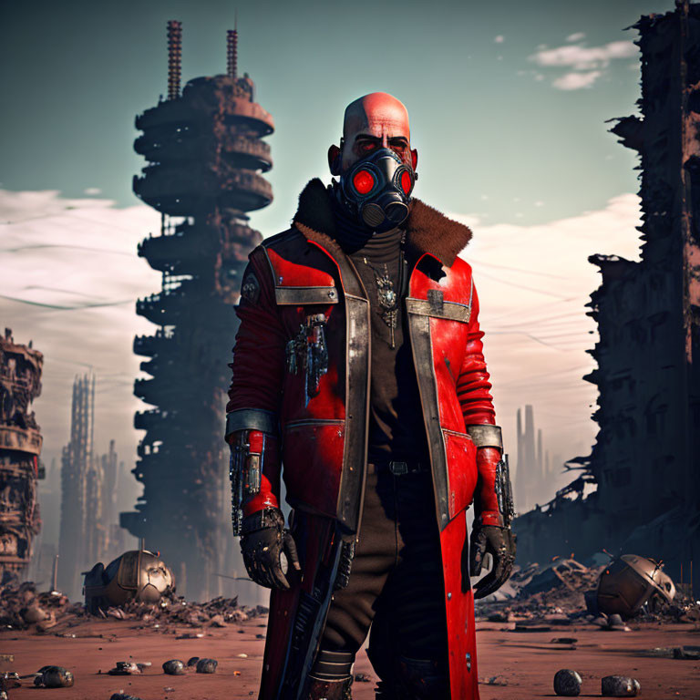 Post-Apocalyptic Figure in Red Coat and Mask