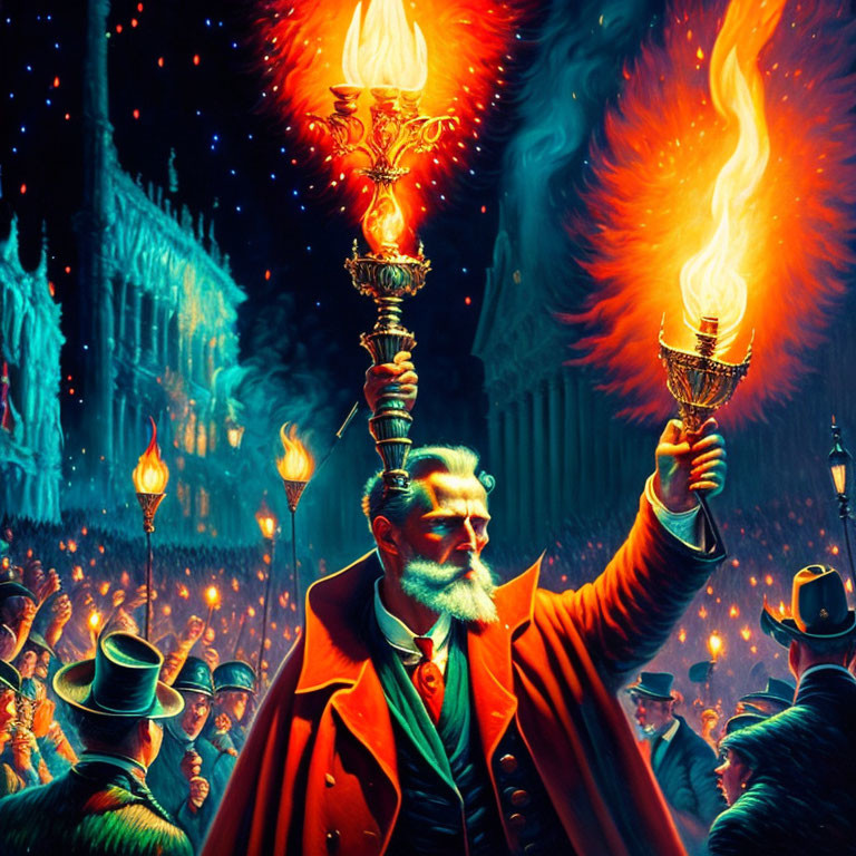 Bearded man with torch in fiery scene near Gothic building