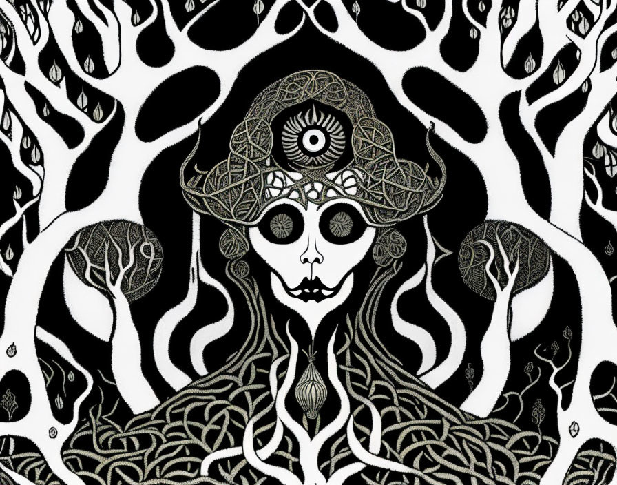 Detailed black and white skull illustration with intricate hat and swirling patterns.