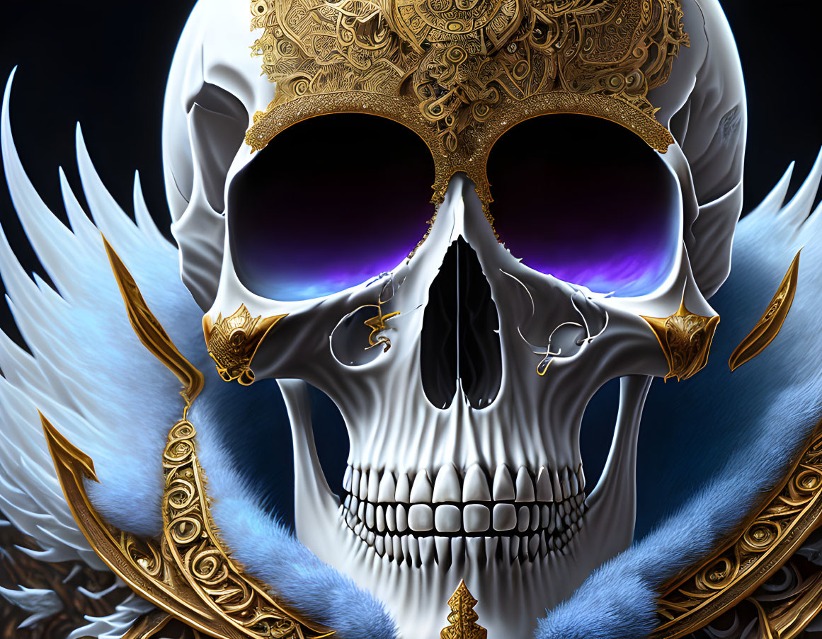 Digital artwork of skull with golden mask and blue feathers on black background