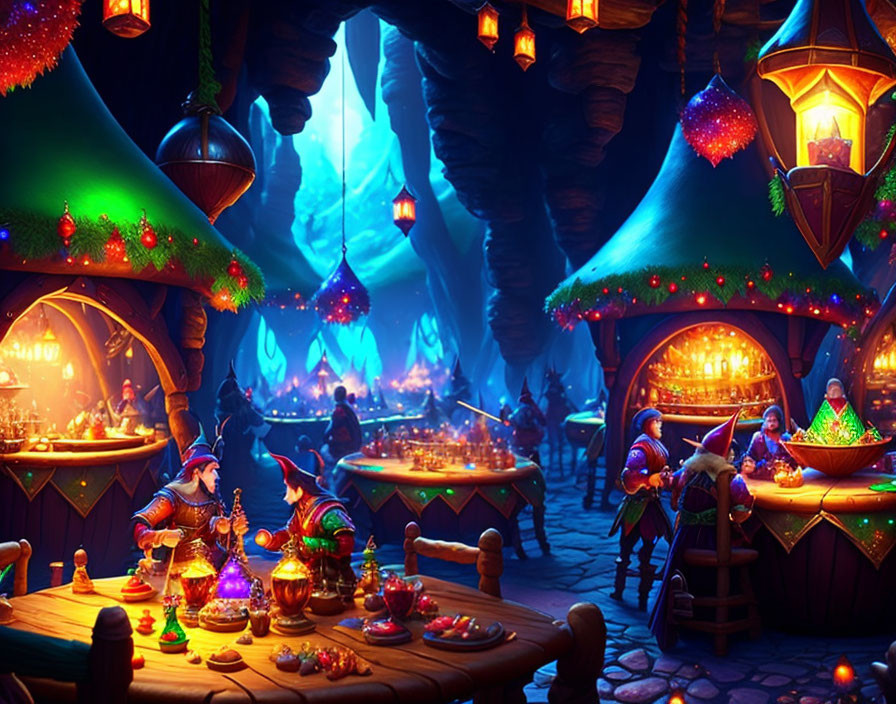 Fantasy tavern scene with vibrant lanterns and festive decorations