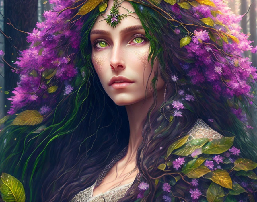 Woman with Green Eyes in Floral Wreath Amidst Mystical Forest