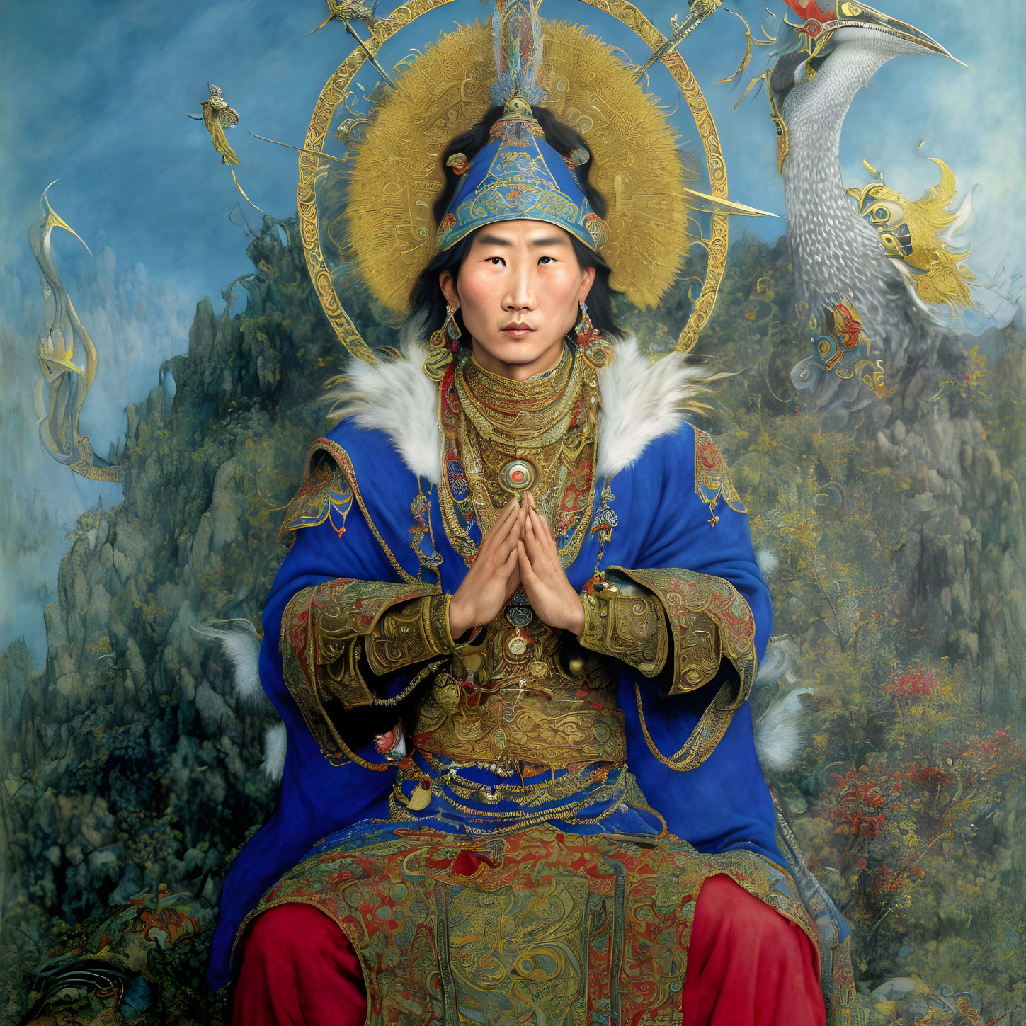 Traditional Tibetan Attire with Elaborate Headdress and Jewelry Against Mythical Background