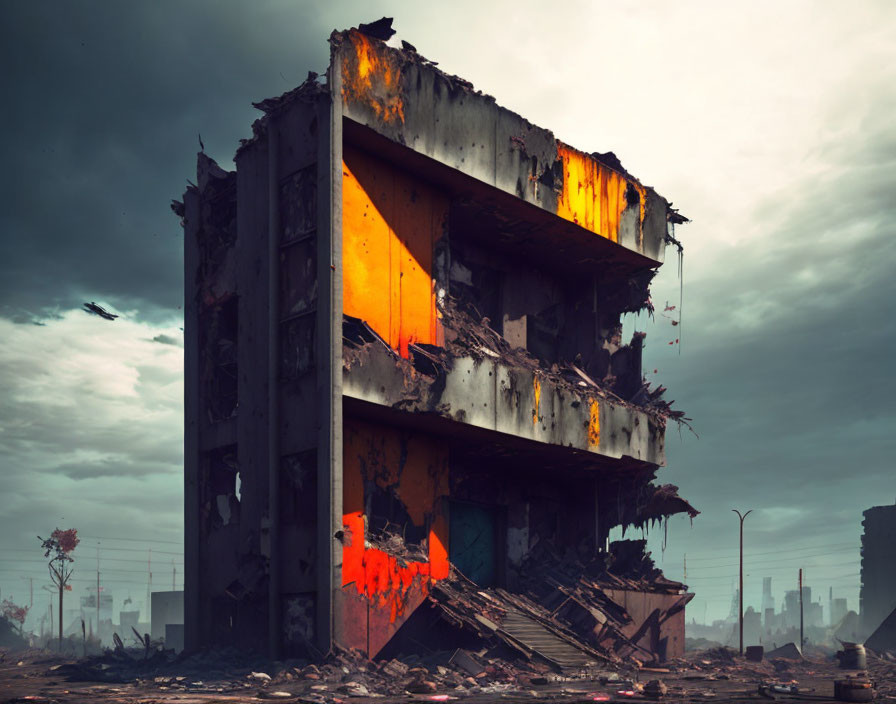 Abandoned building with fire damage in urban ruins under gloomy sky