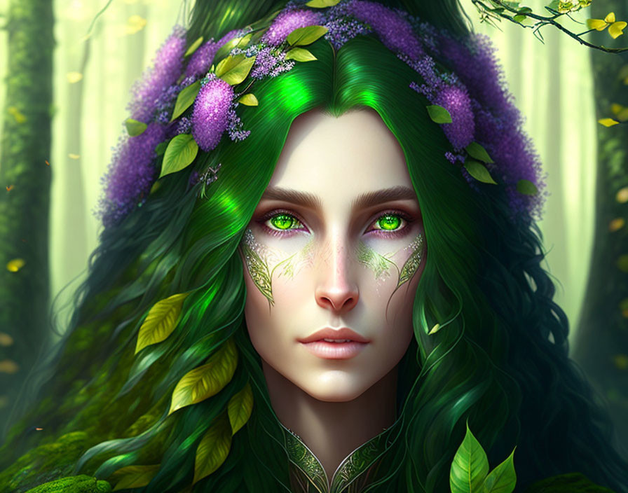 Vibrant green hair and emerald eyes in nature-inspired portrait