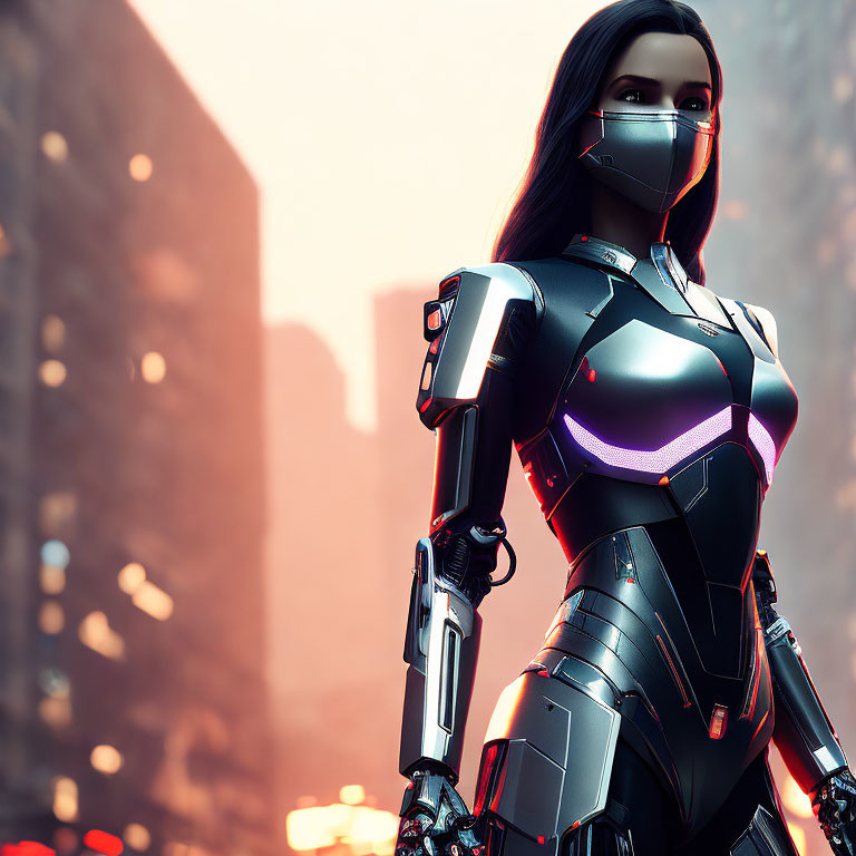 Sleek Black Armor Female Robot in Purple Lighting at Urban Sunset