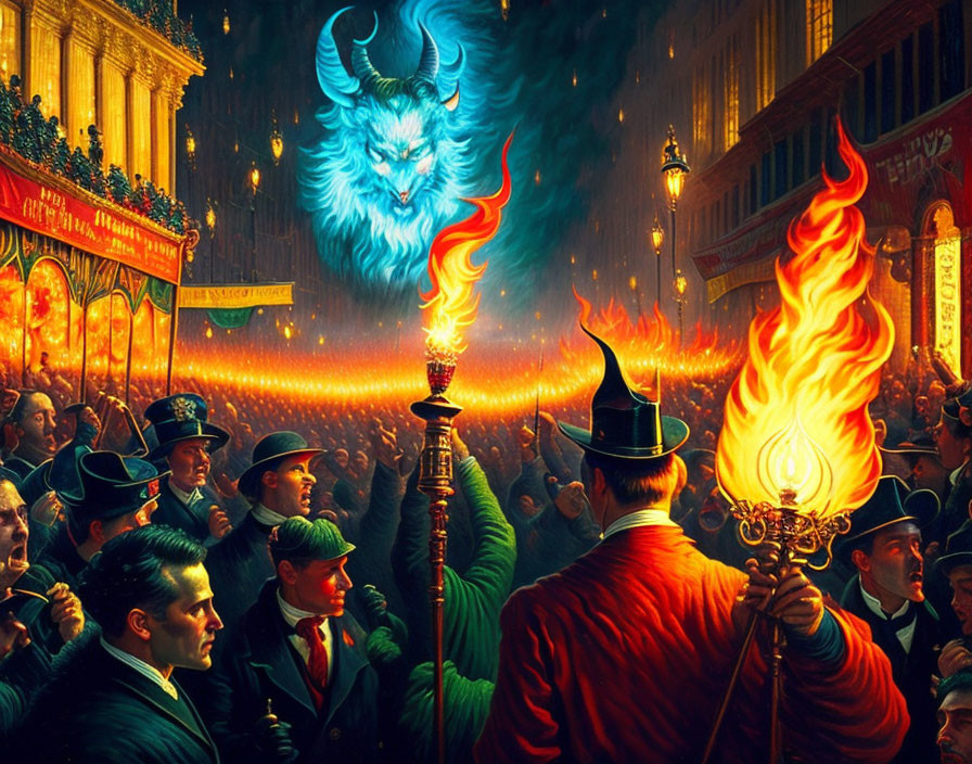 Detailed illustration: Crowd in period attire mesmerized by spectral blue bull with fiery eyes and flames, man