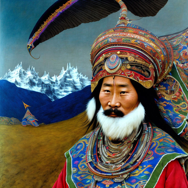 Majestic figure in traditional attire with mountains backdrop