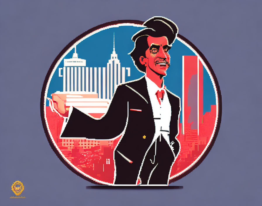 Stylized graphic of man in suit with book against urban skyline in oval frame