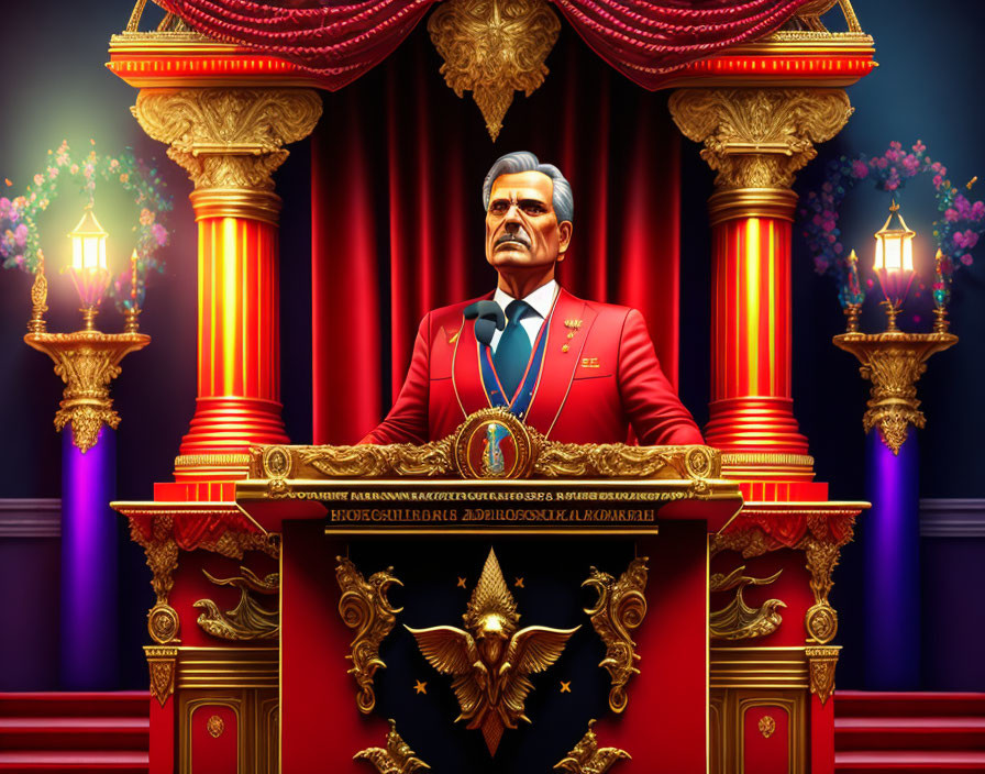 Animated character in red suit at ornate podium with microphones, red curtains and floral backdrop.