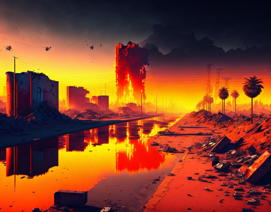 Fiery apocalyptic landscape with devastated buildings and river reflecting orange and red hues