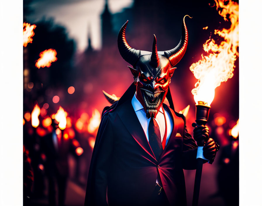 Demonic Figure in Suit with Horns and Torch Flames