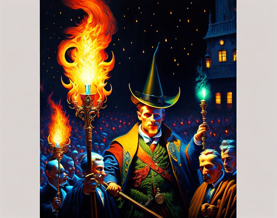 Colorful illustration of man with torch in front of building at night