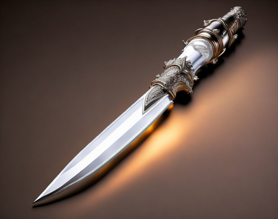 Intricate silver-handled dagger on brown background with dramatic lighting