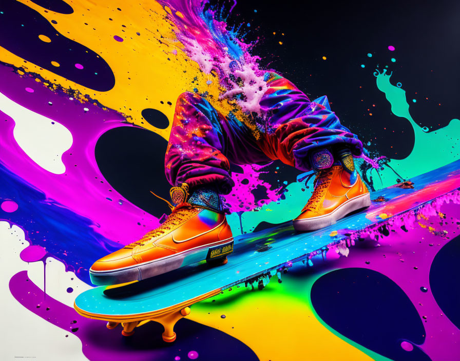 Colorful Paint Splashes Frame Orange Sneakers on Skateboard