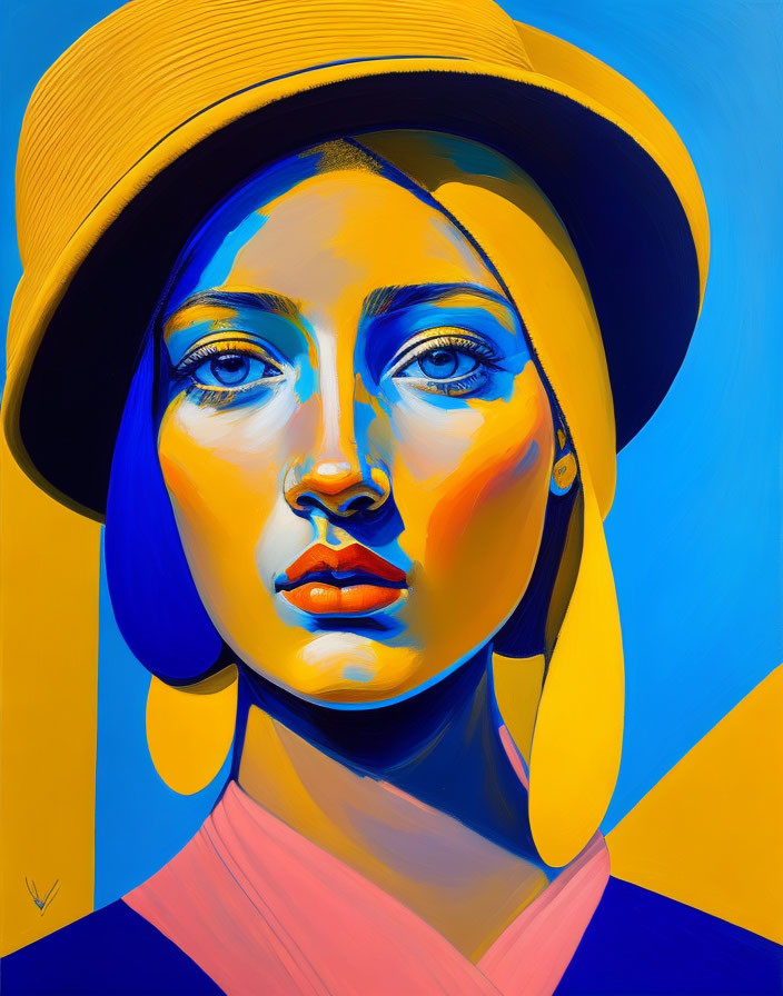 Colorful portrait of woman with blue skin and yellow hat on vibrant background