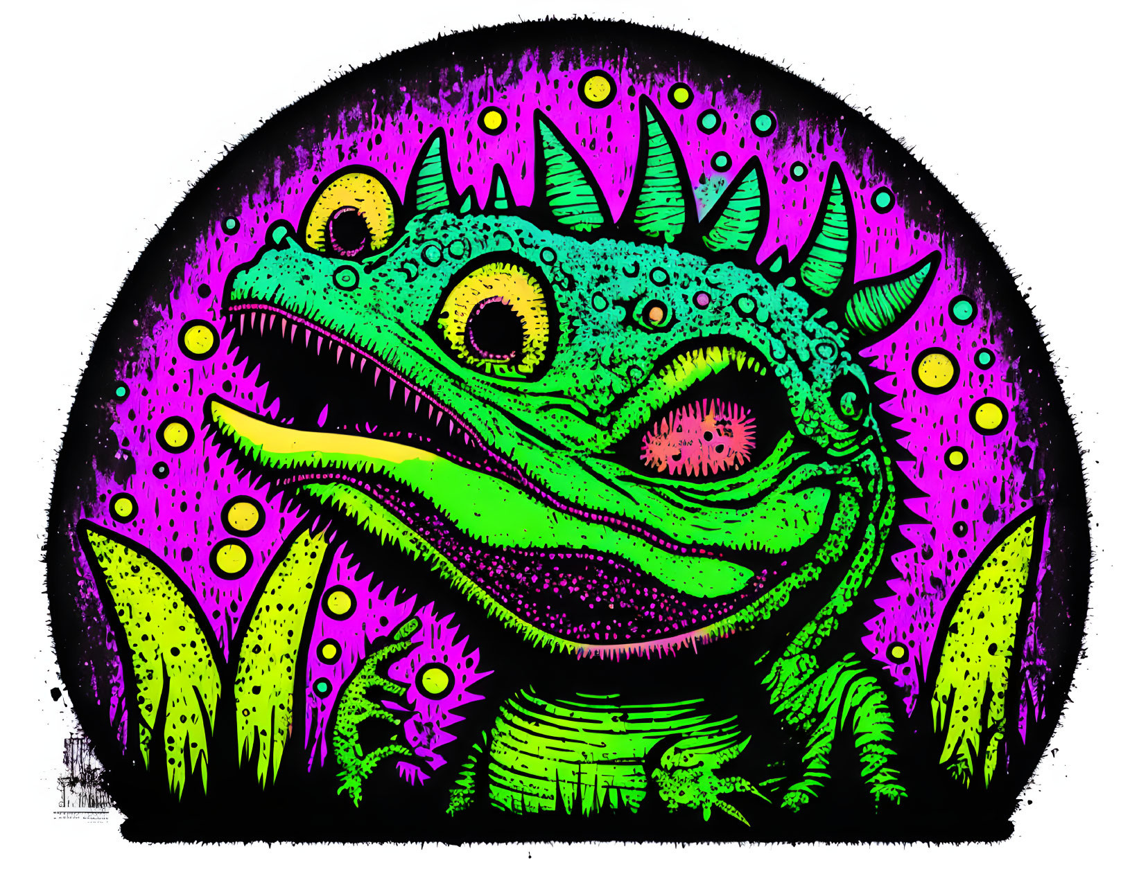 Colorful reptilian creature illustration on pink and purple background