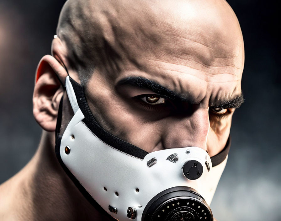 Intense bald man in futuristic mask against dark backdrop