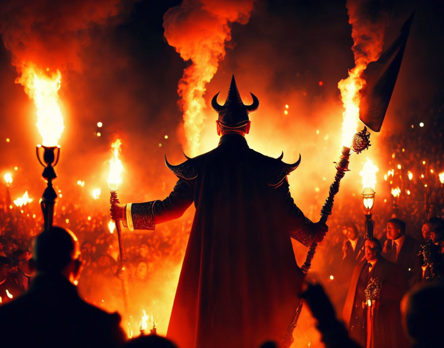 Person in horned helmet with torch in fiery crowd