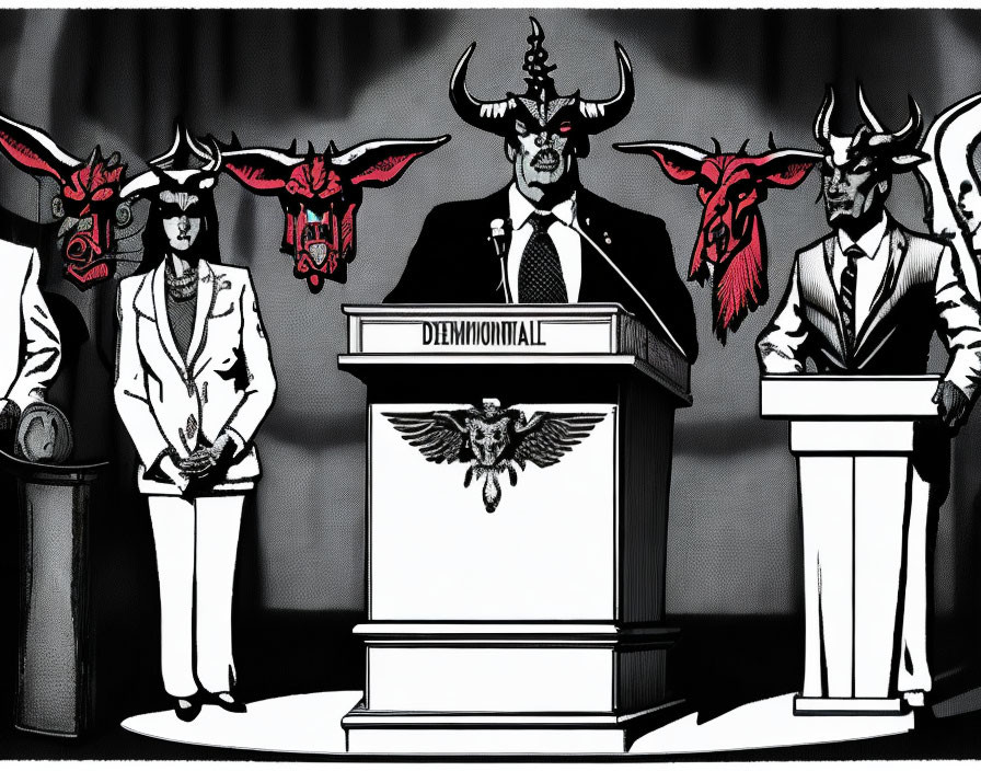 Monochrome illustration of people with demonic features at podium with "DEMONIOWALL" sign