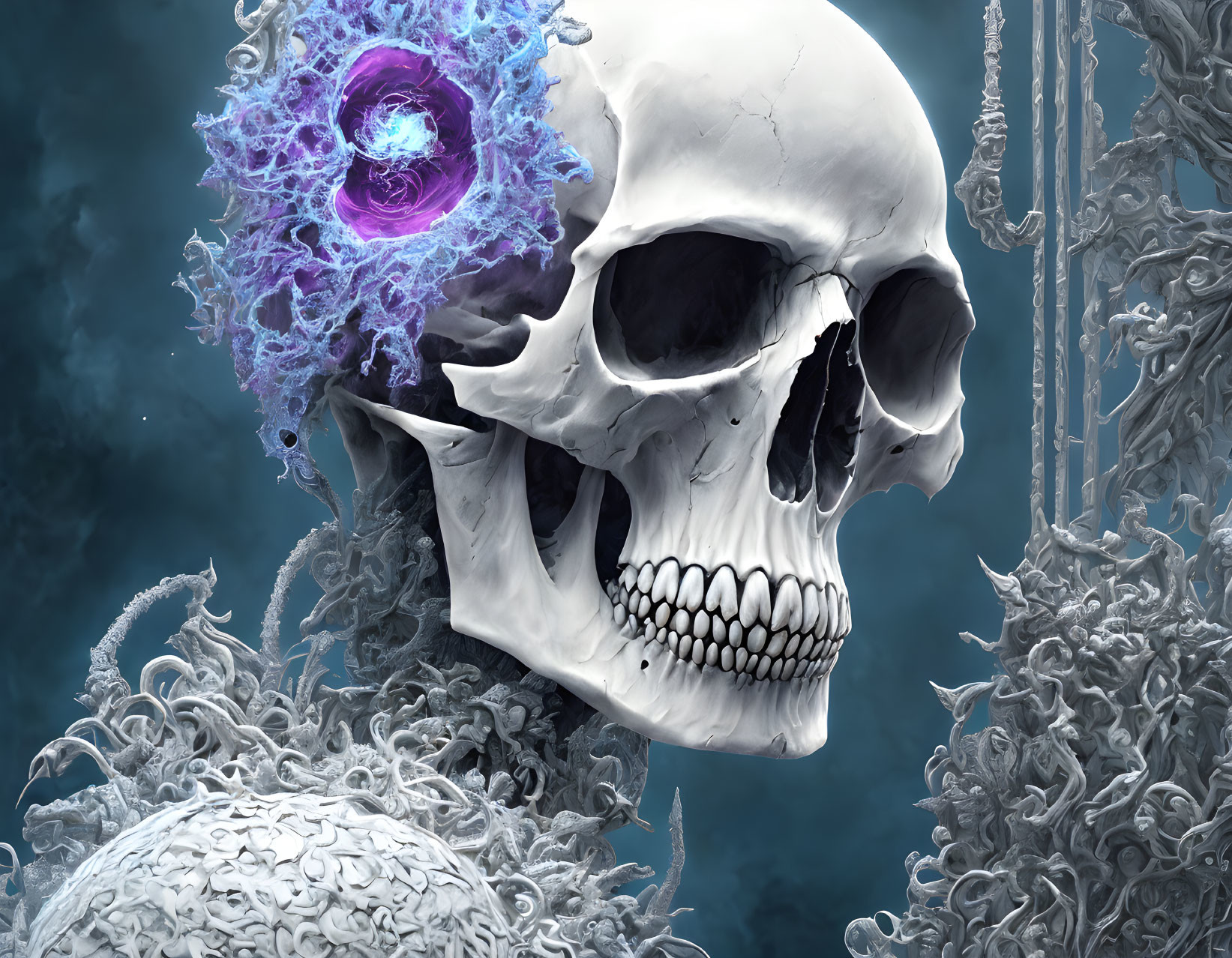 Detailed Skull with Glowing Purple Eye Socket and Fractal Patterns on Blue Background