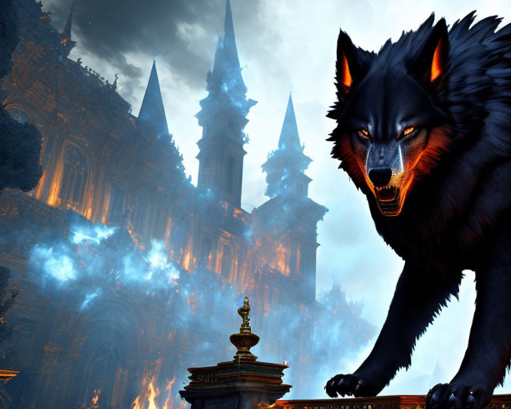 Mythical black wolf with glowing eyes in front of burning gothic building